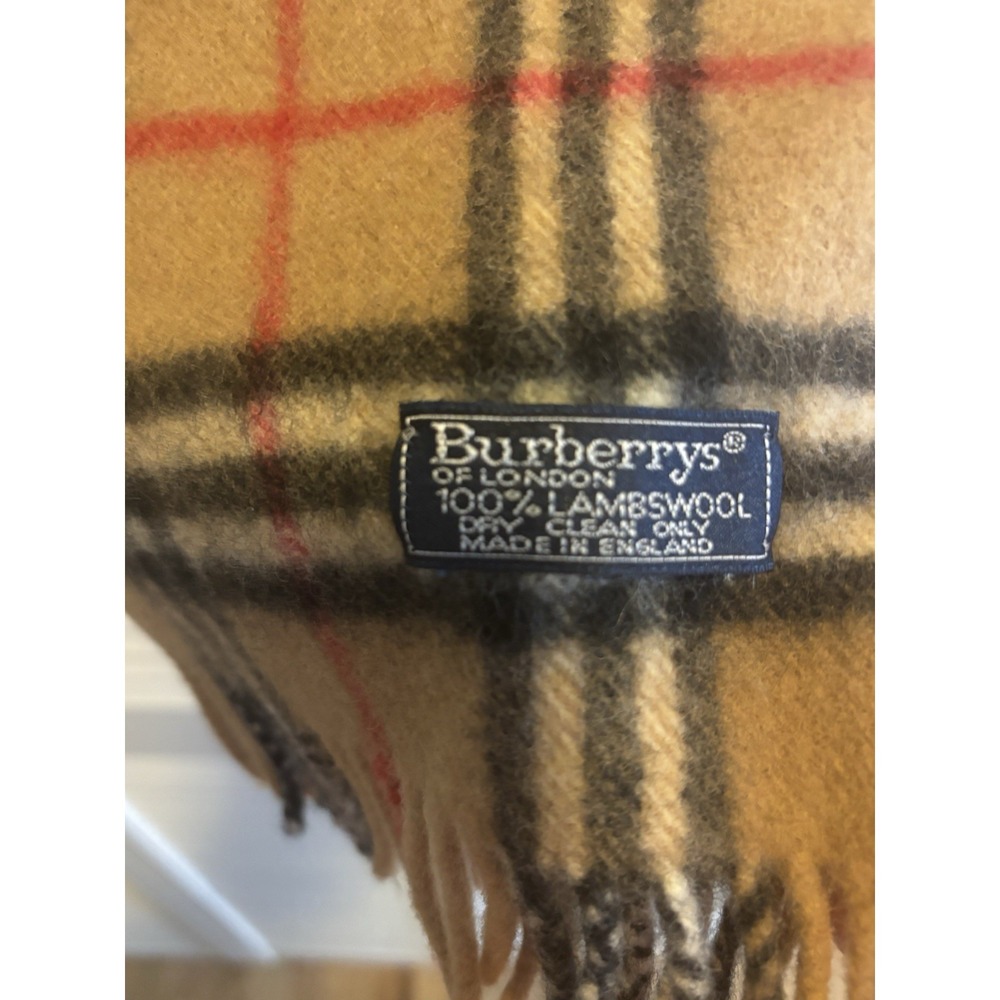 Burberry Lambswool Beige Plaid Fringe Rectangle Scarf Made in England - Picture 3 of 11